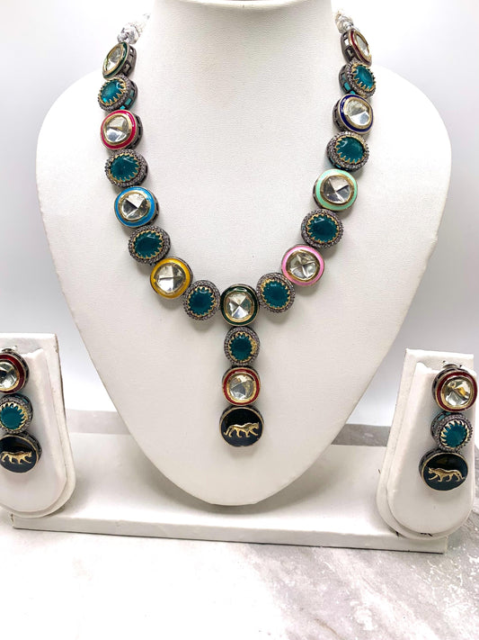 Sabyasachi inspired necklace with earrings/Sabyasacho set/moissanite kundan with meena work.