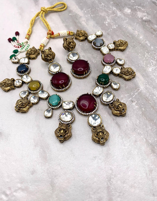 Sabyasachi inspired necklace with moissanite polki and semi precious stone work and earring