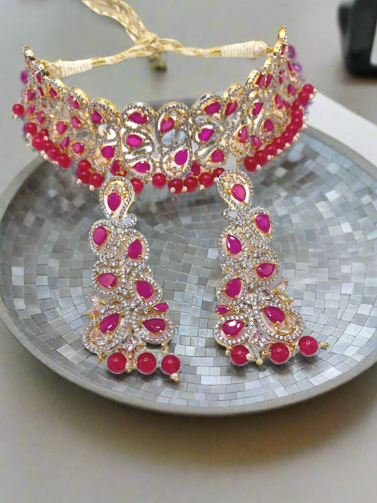 Ambani inspired Premium Quality CZ Stones Choker Necklace with earrings set -pomegranate color