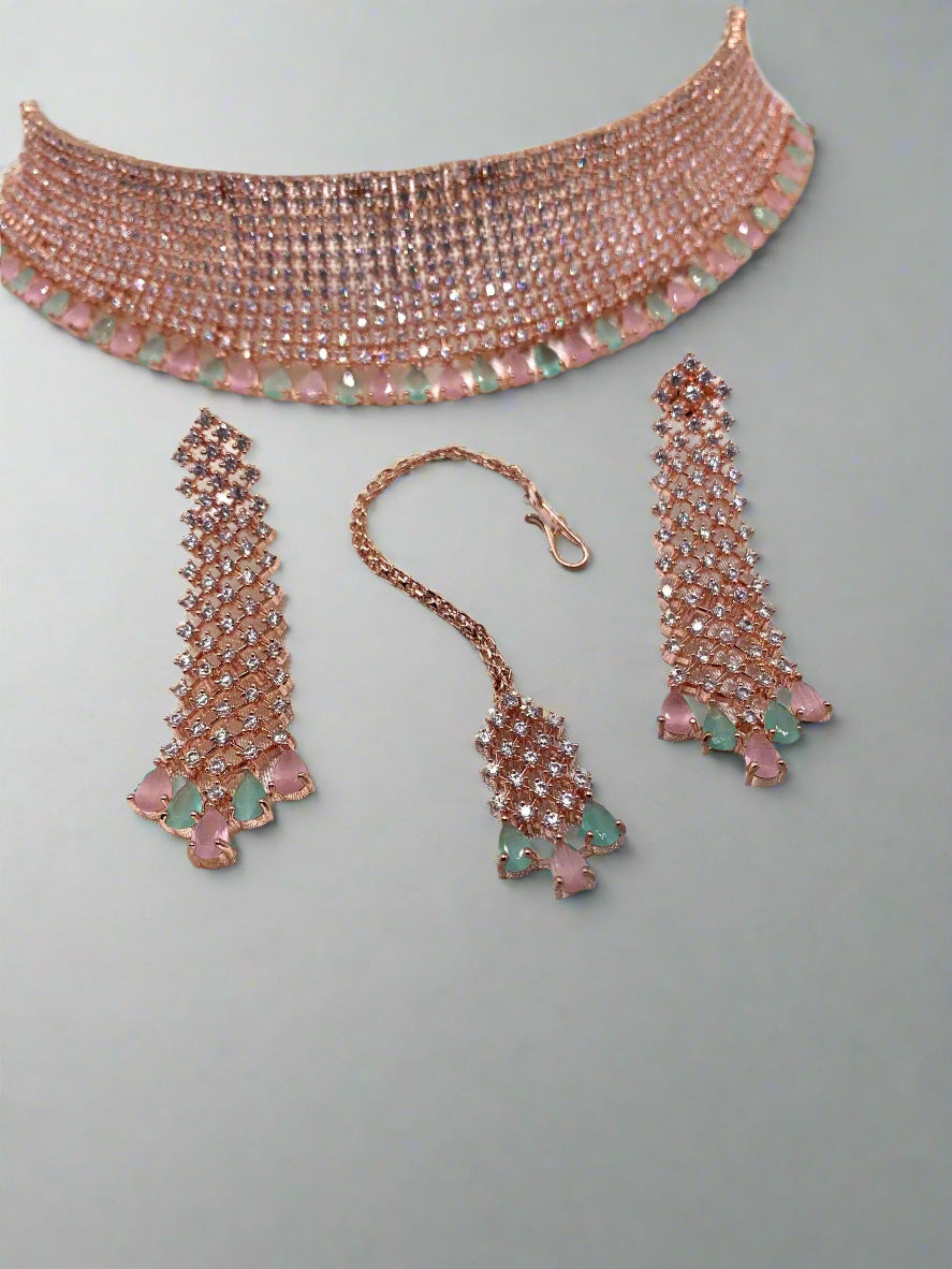 Ambani inspired CZ Stones Choker, Maantika and earrings.