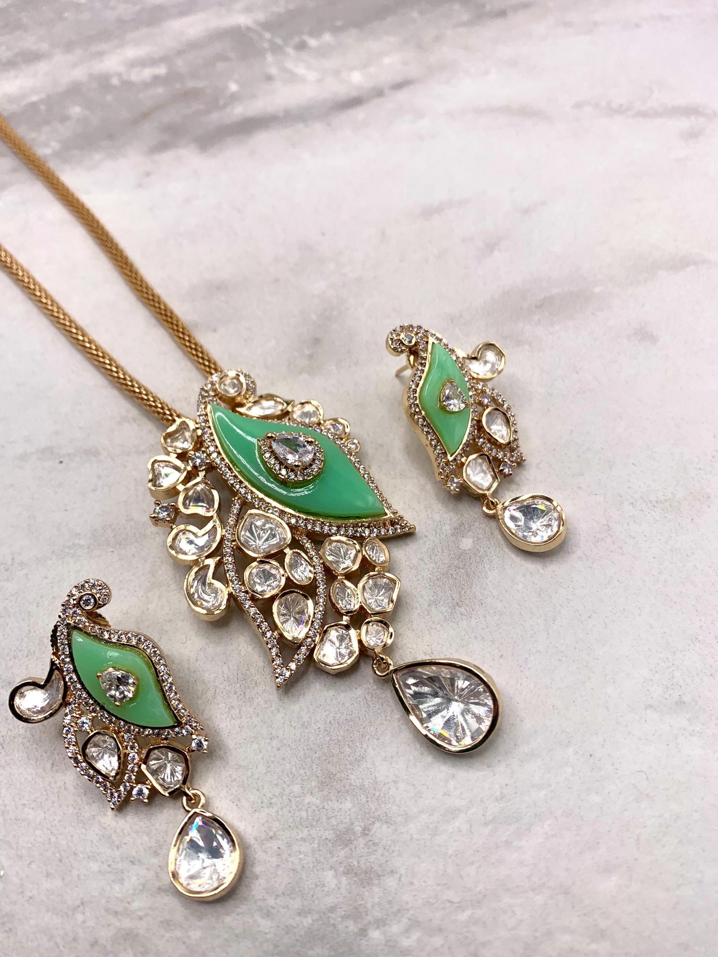 Sabyasachi inspired necklace with earrings. Mother of pearl with moissanite polki kundan design