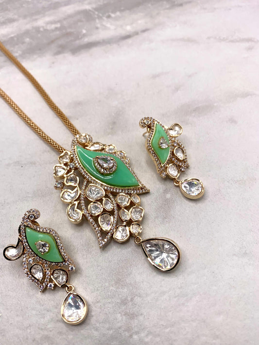Sabyasachi inspired necklace with earrings. Mother of pearl with moissanite polki kundan design