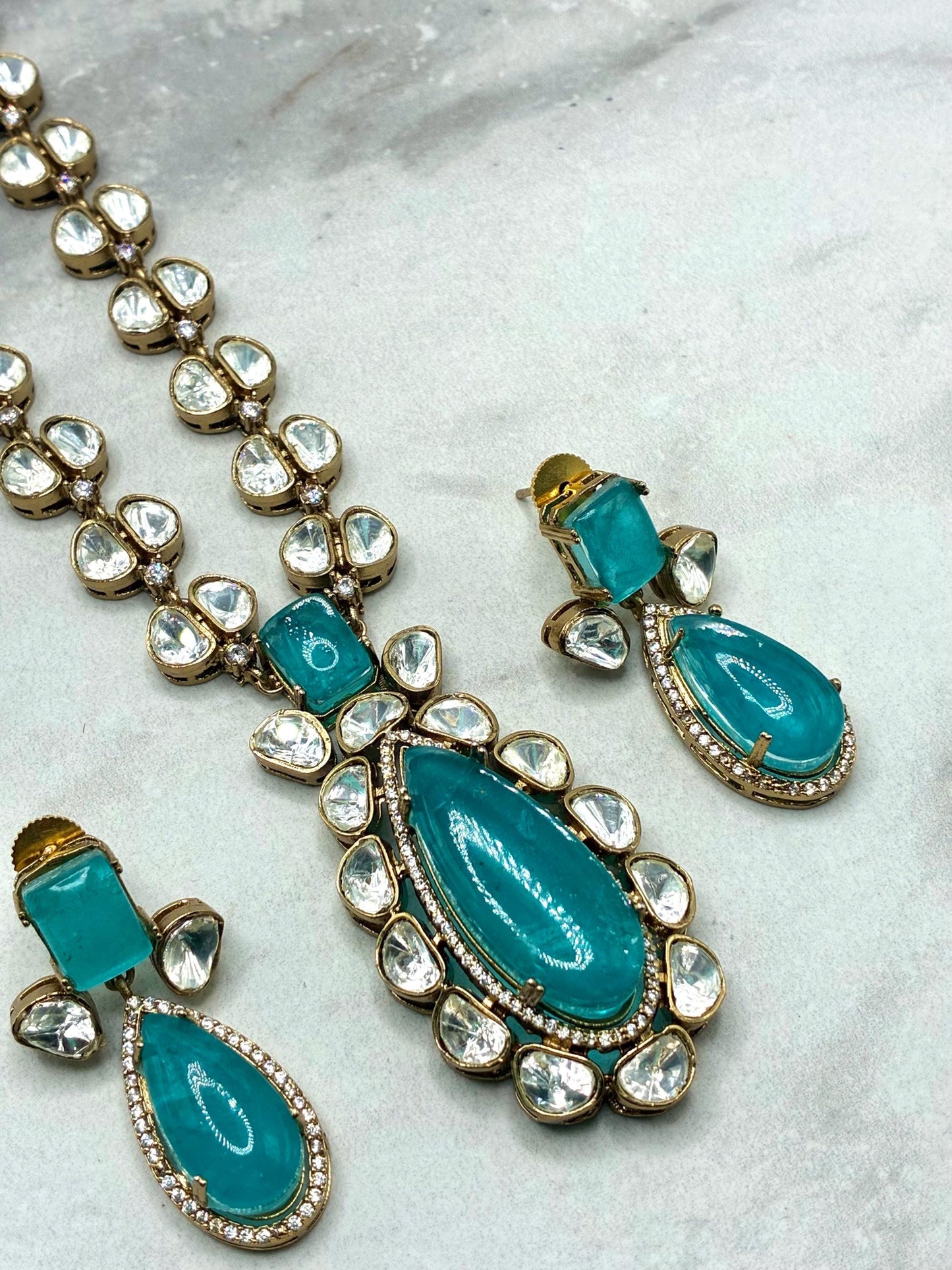 Sabyasachi inspired necklace with moissanite polki kundan work with Doublet pendant and earrings