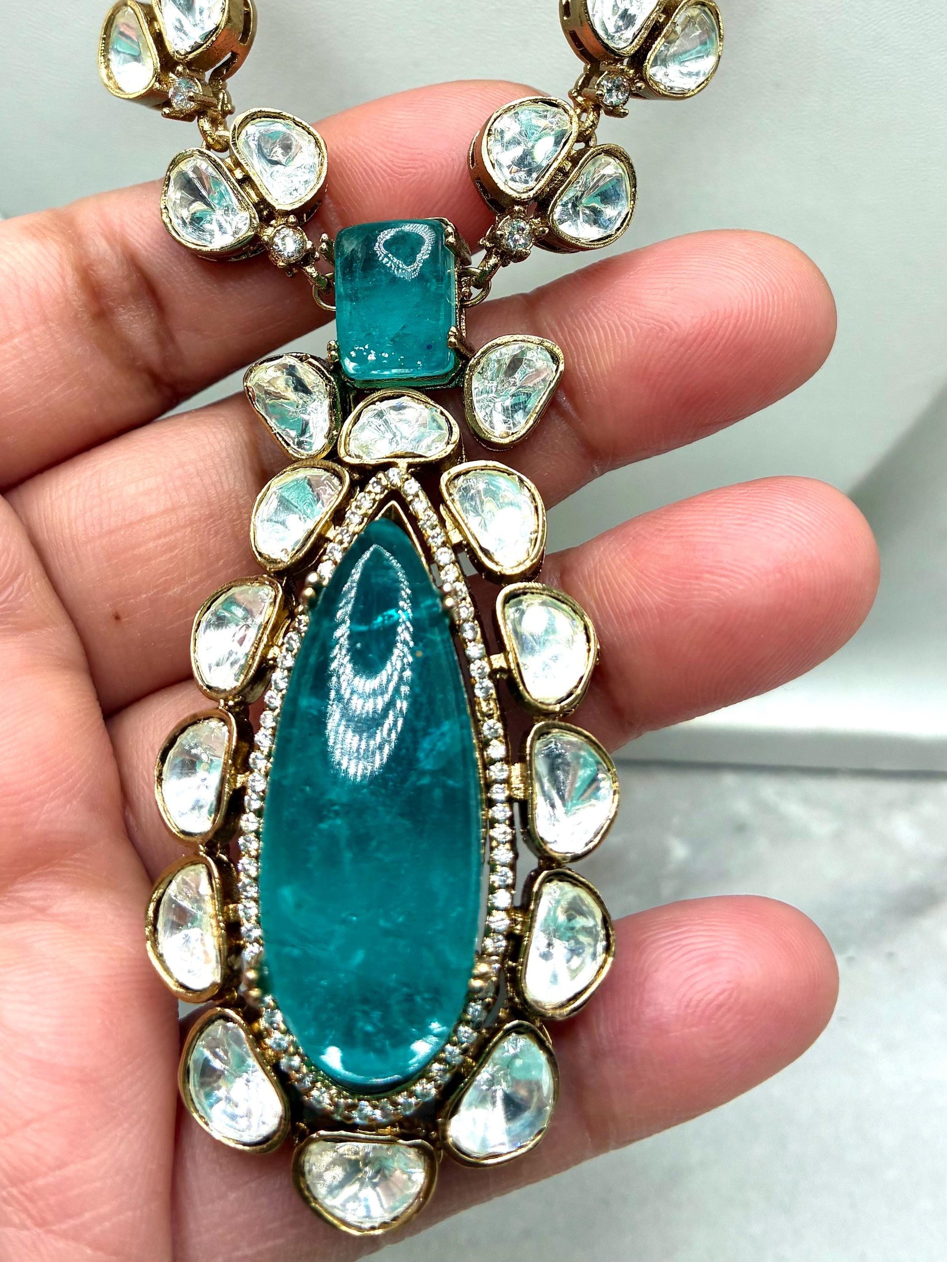Sabyasachi inspired necklace with moissanite polki kundan work with Doublet pendant and earrings