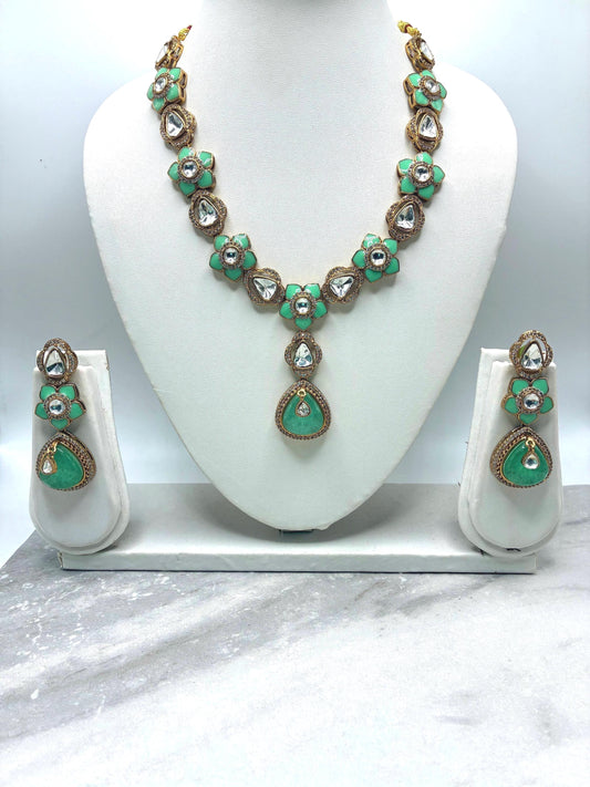 Sabyasachi inspired necklace with kundan work and doublet pendant and earrings/Doublet stone/moissanite kundan/fusion/vintage/jewelry