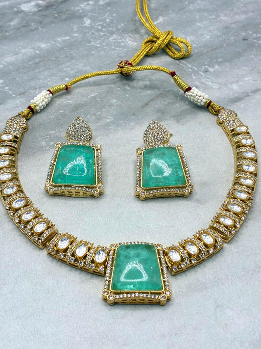 Sabyasachi inspired necklace with kundan and doublet stone pendant and earrings