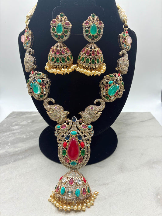 Sabyasachi inspired Nabaratan necklace with earrings/jadau necklace/semi precious stone/Doublet stone/Victorian necklace/Navaratan