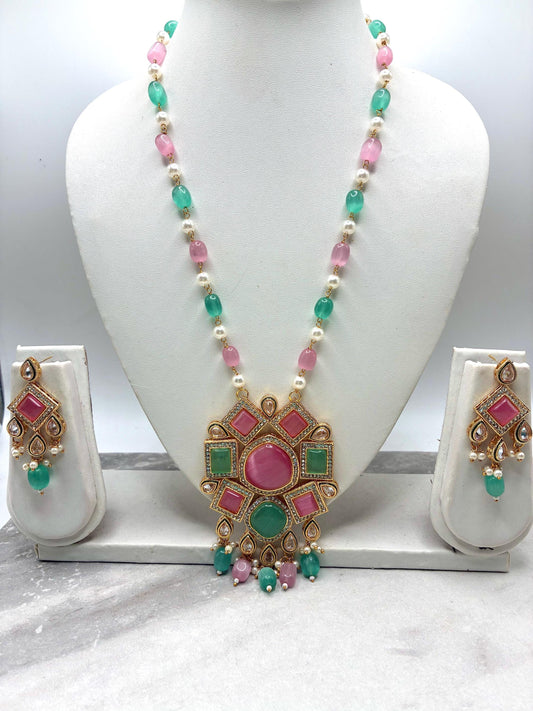 Sabyasachi inspired necklace Hydro beads, pearls and kundan work with earrings/ pistachio green and pink