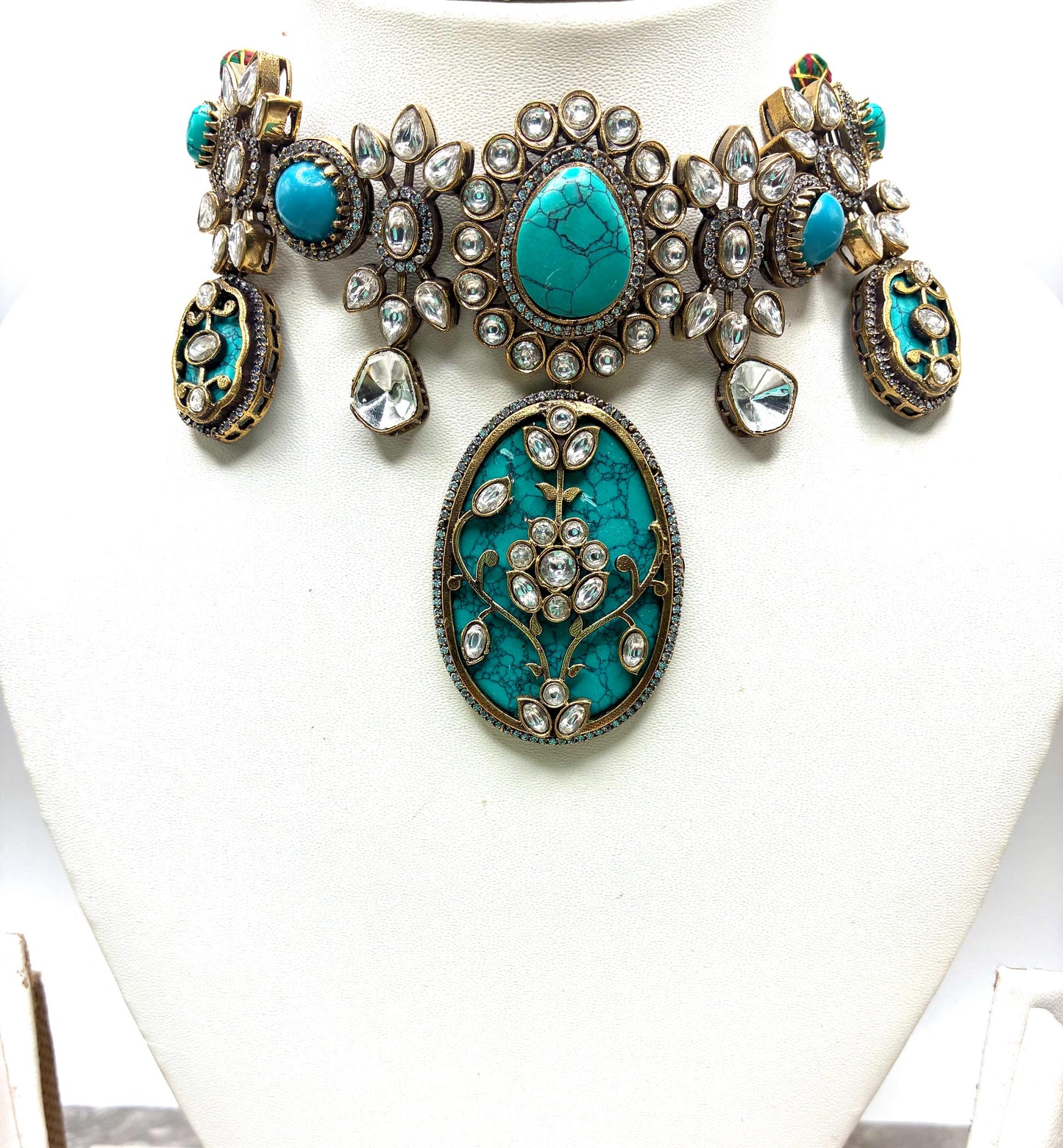 Sabyasachi inspired moissanite polki necklace with ferozi semi precious stone and earrings