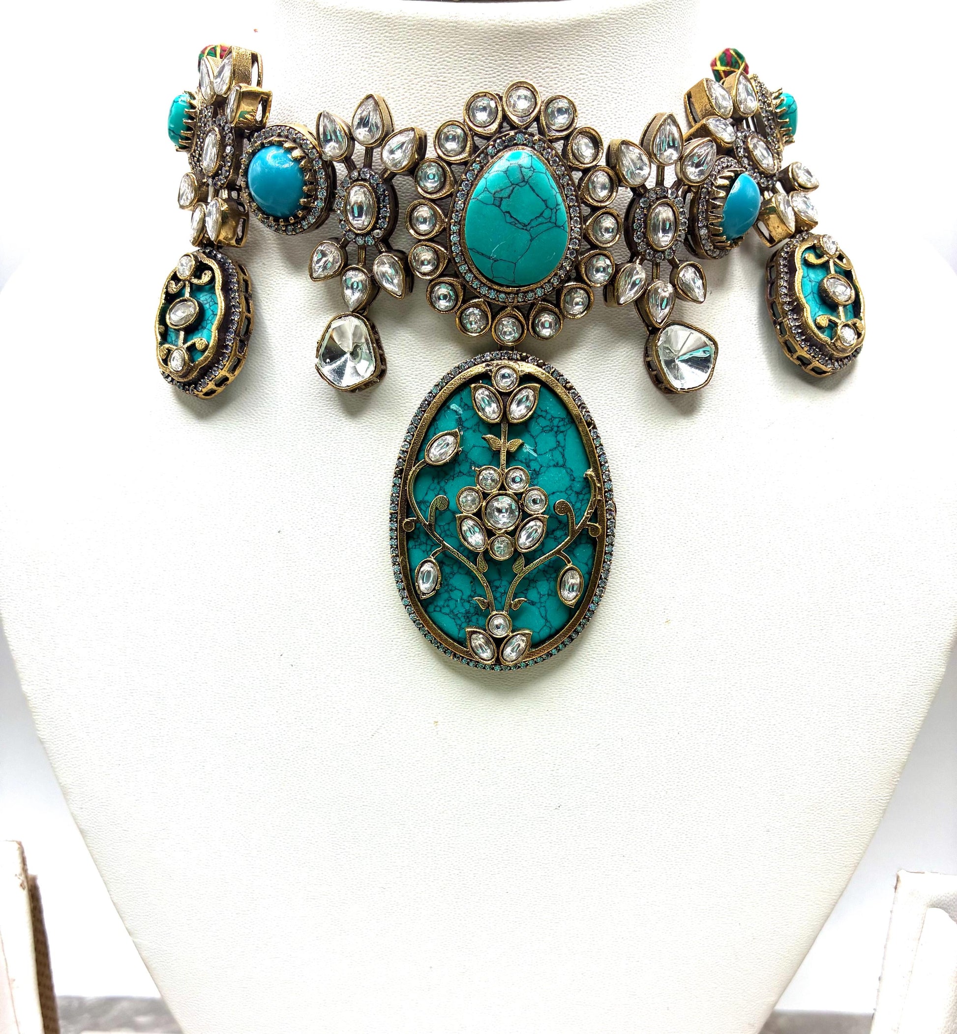 Sabyasachi inspired moissanite polki necklace with ferozi semi precious stone and earrings