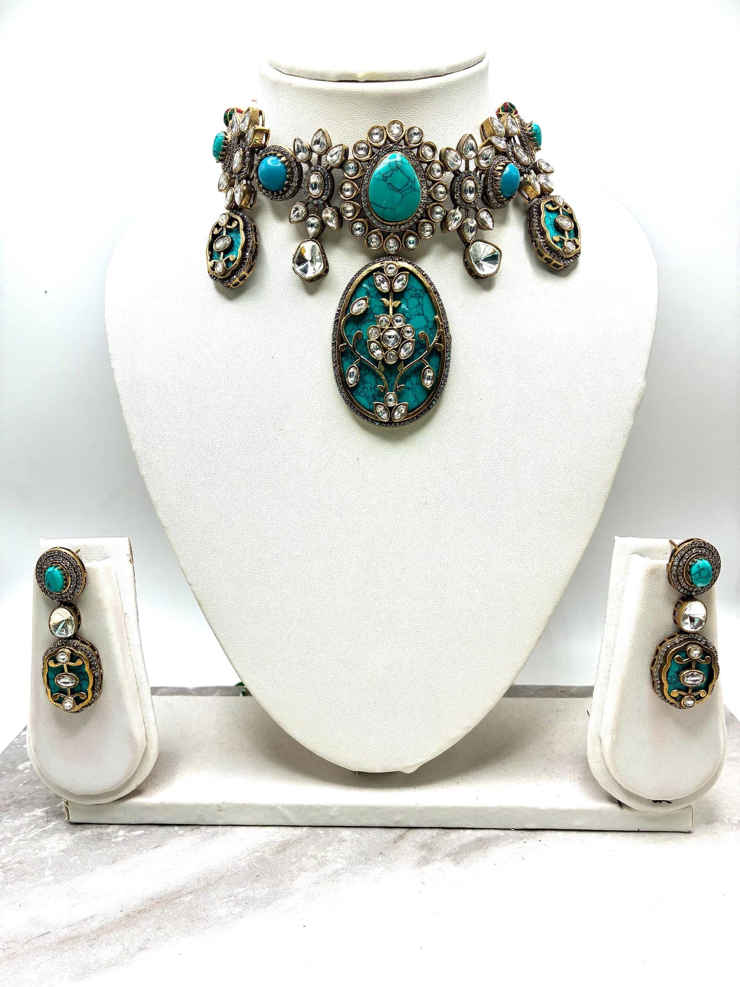 Sabyasachi inspired moissanite polki necklace with ferozi semi precious stone and earrings