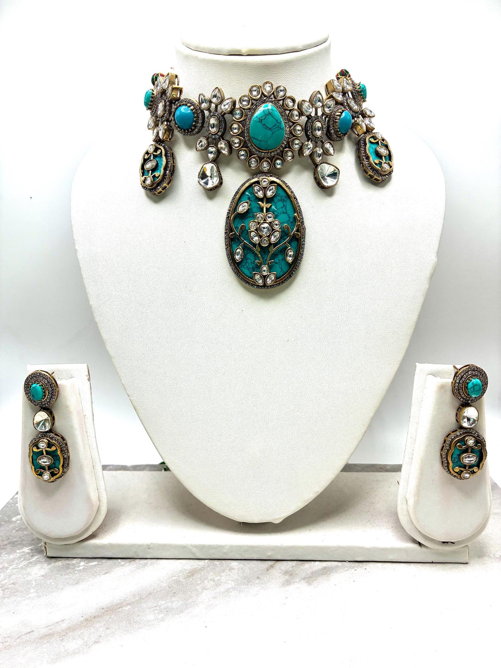 Sabyasachi inspired moissanite polki necklace with ferozi semi precious stone and earrings