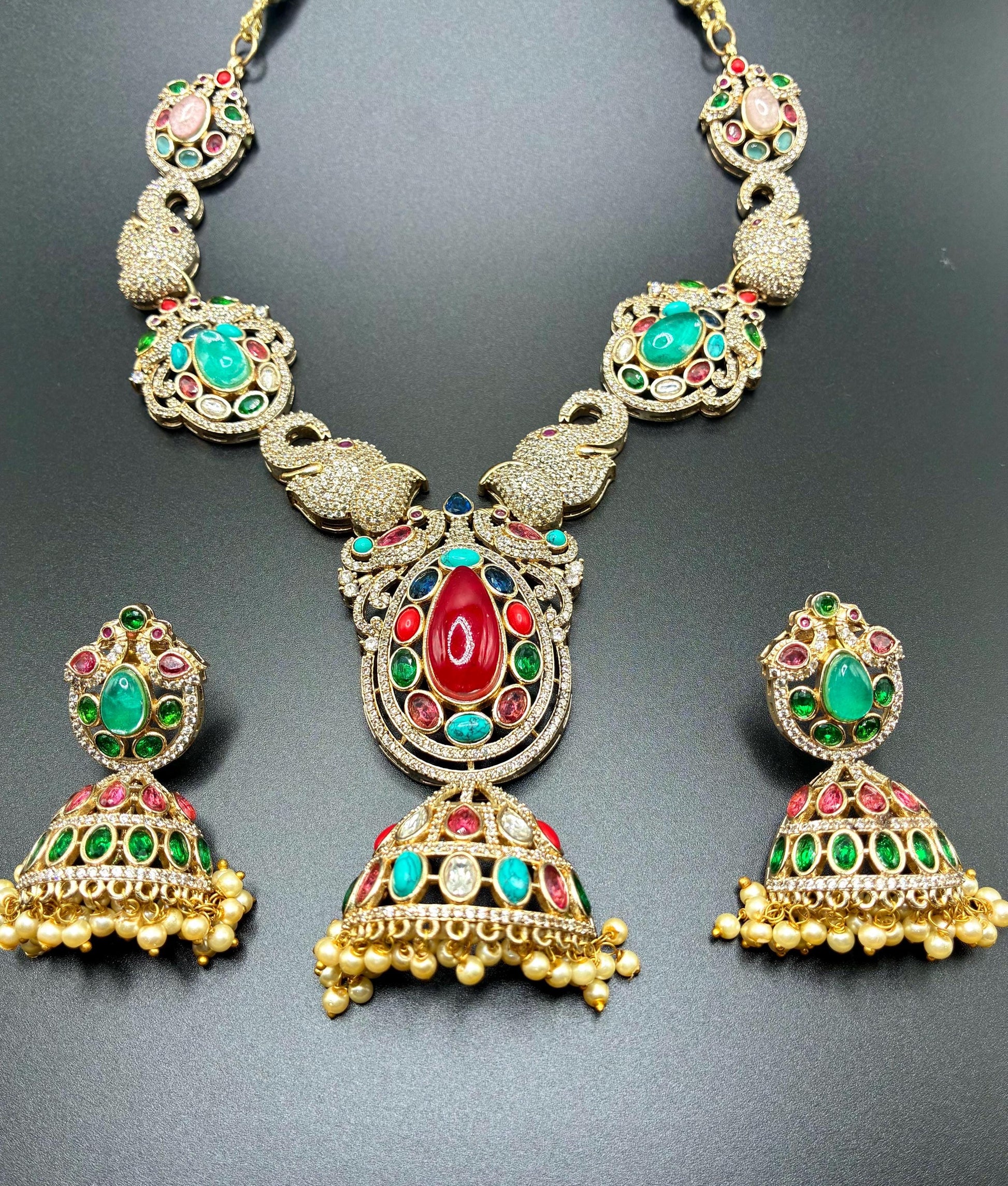 Sabyasachi inspired Nabaratan necklace with earrings/jadau necklace/semi precious stone/Doublet stone/Victorian necklace/Navaratan