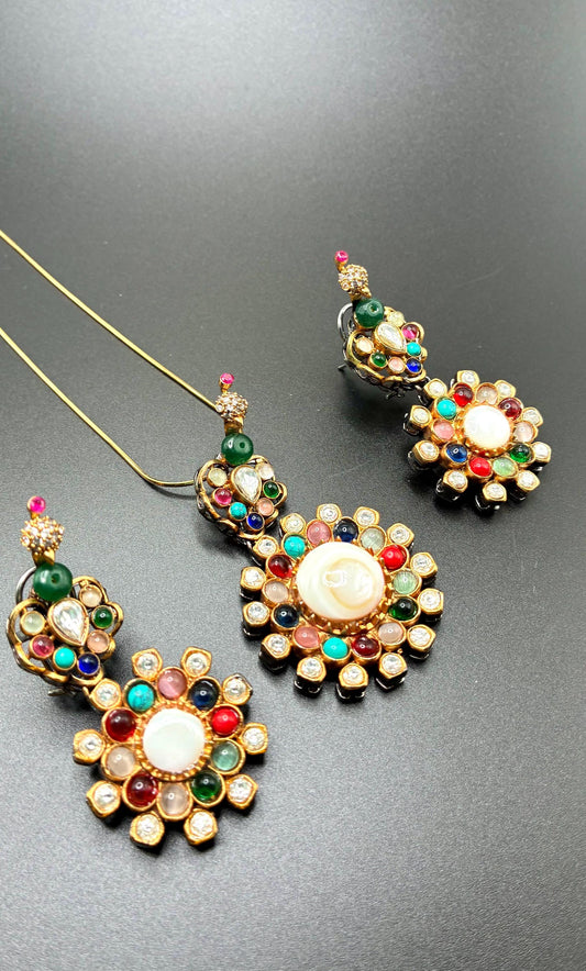 Sabyasachi inspired Moon stone pendant & earrings with Navaratan semi precious stone,pearl 22 carat gold polish chain/Moon stone/Navaratan