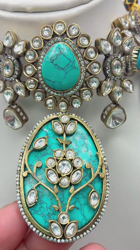 Sabyasachi inspired moissanite polki  necklace with ferozi semi precious stone and  earrings